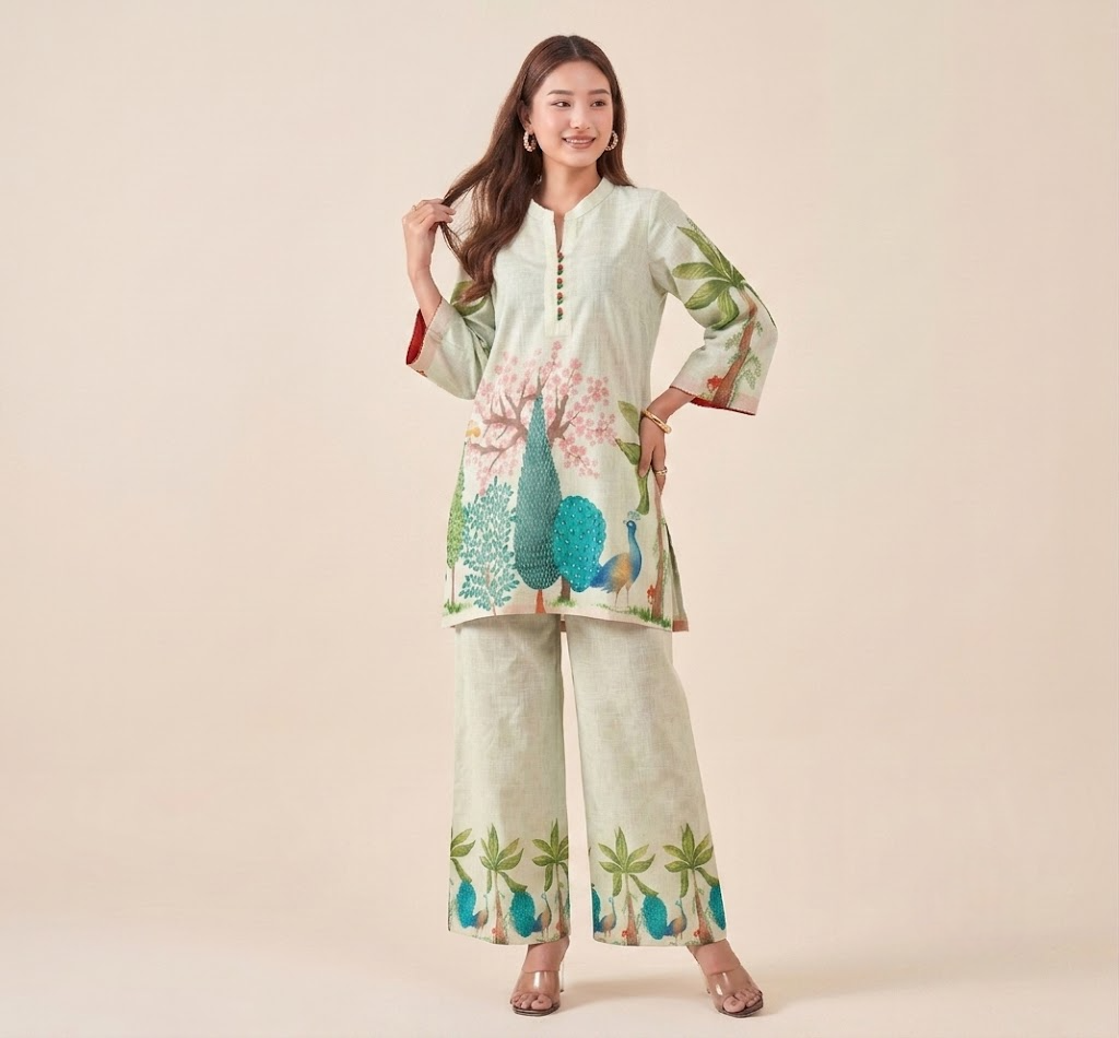 Natural Linen Hand-Painted Peacock Co-ord Set