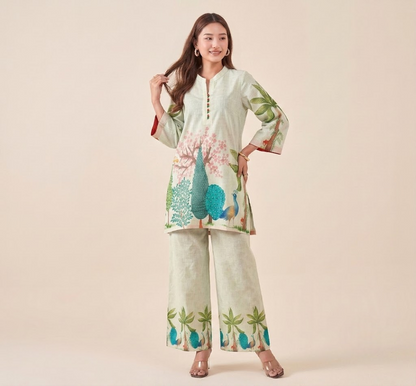 Natural Linen Hand-Painted Peacock Co-ord Set