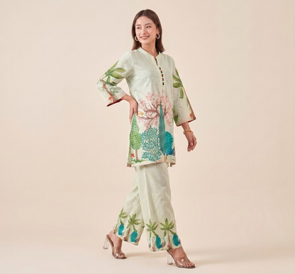 Natural Linen Hand-Painted Peacock Co-ord Set