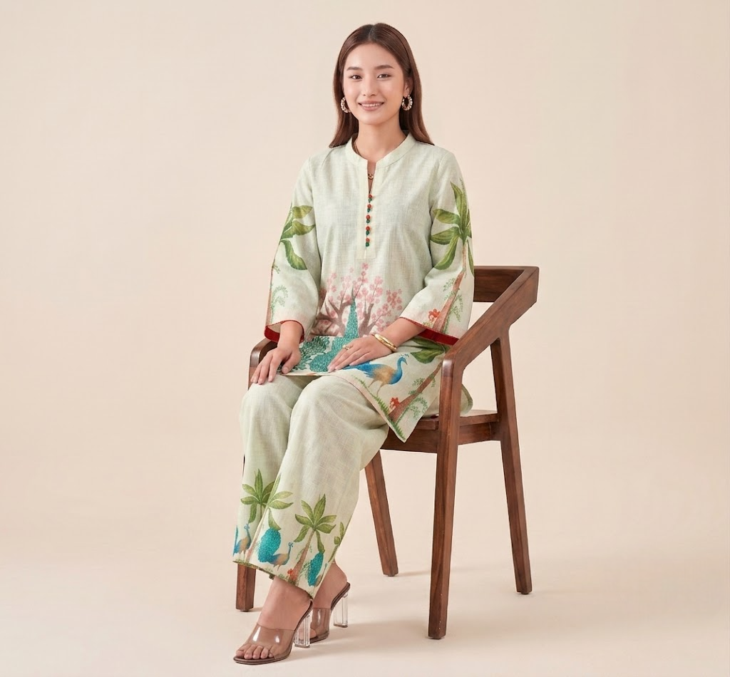 Natural Linen Hand-Painted Peacock Co-ord Set