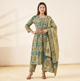 Dusty Green & Beige Crushed Tissue A-Line Trio Kurta Set