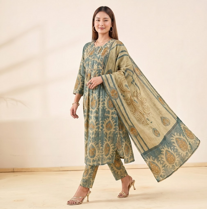 Dusty Green & Beige Crushed Tissue A-Line Trio Kurta Set