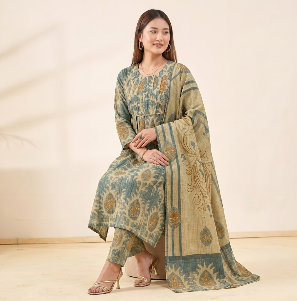 Dusty Green & Beige Crushed Tissue A-Line Trio Kurta Set