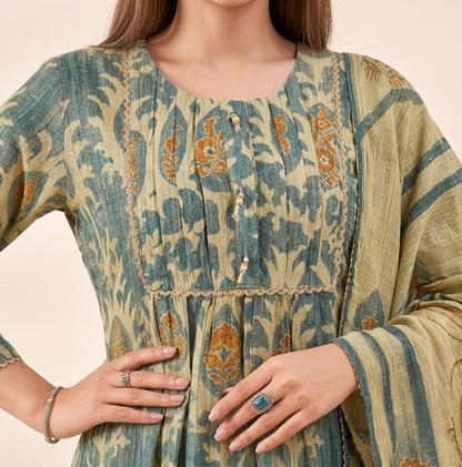 Dusty Green & Beige Crushed Tissue A-Line Trio Kurta Set