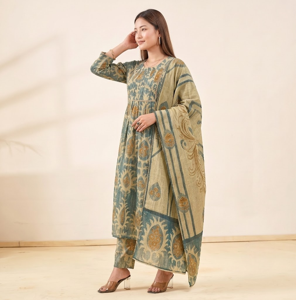 Dusty Green & Beige Crushed Tissue A-Line Trio Kurta Set
