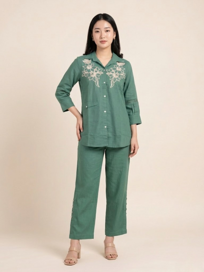 Pastel Sage Floral Embroidered Cotton Co-ord Set