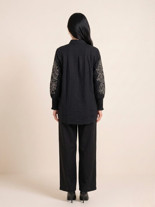 Graceful Linen Ensemble with Intricate Hand Embroidery