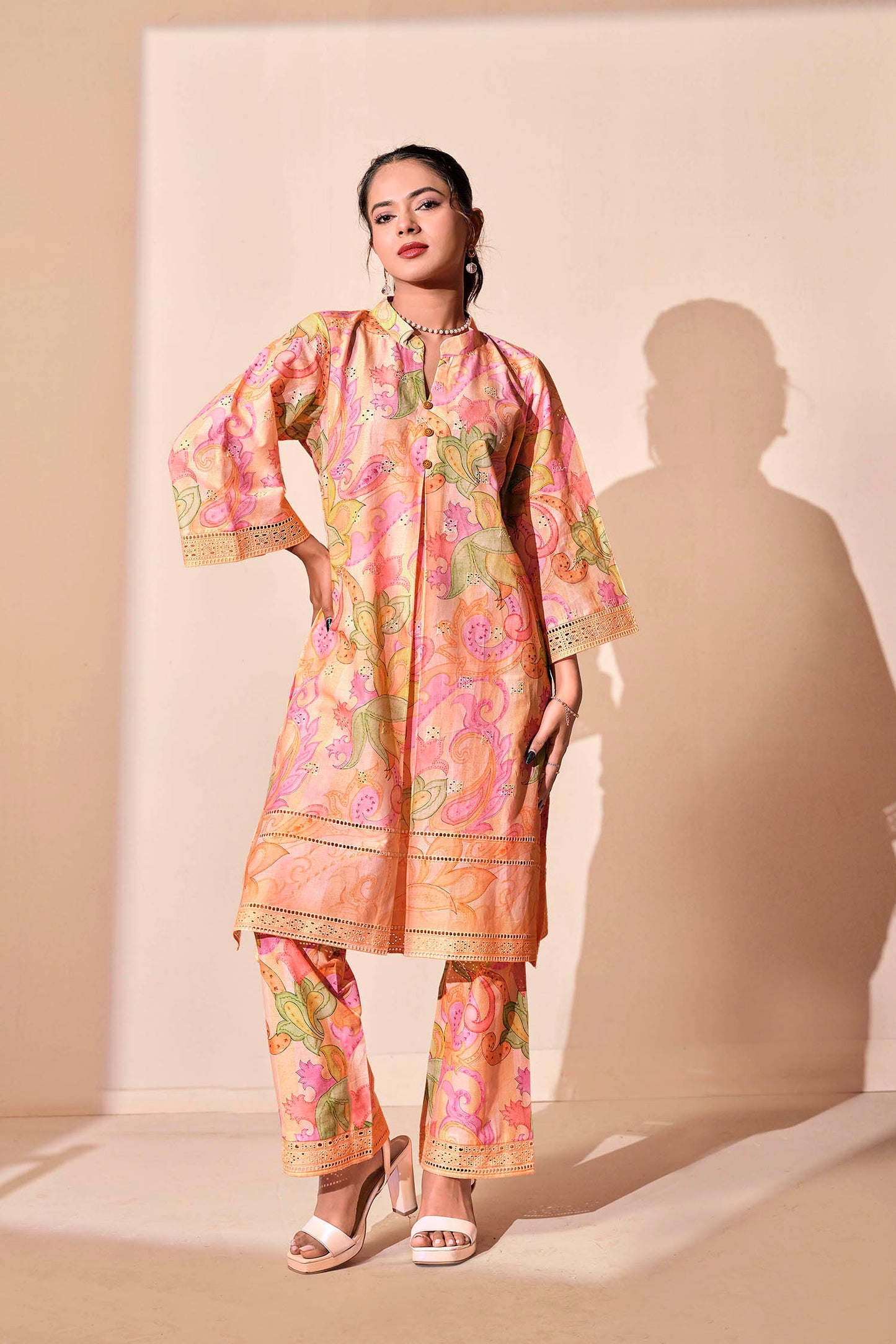 Peach Paisley Chikankari Embroidered Co-ord Set