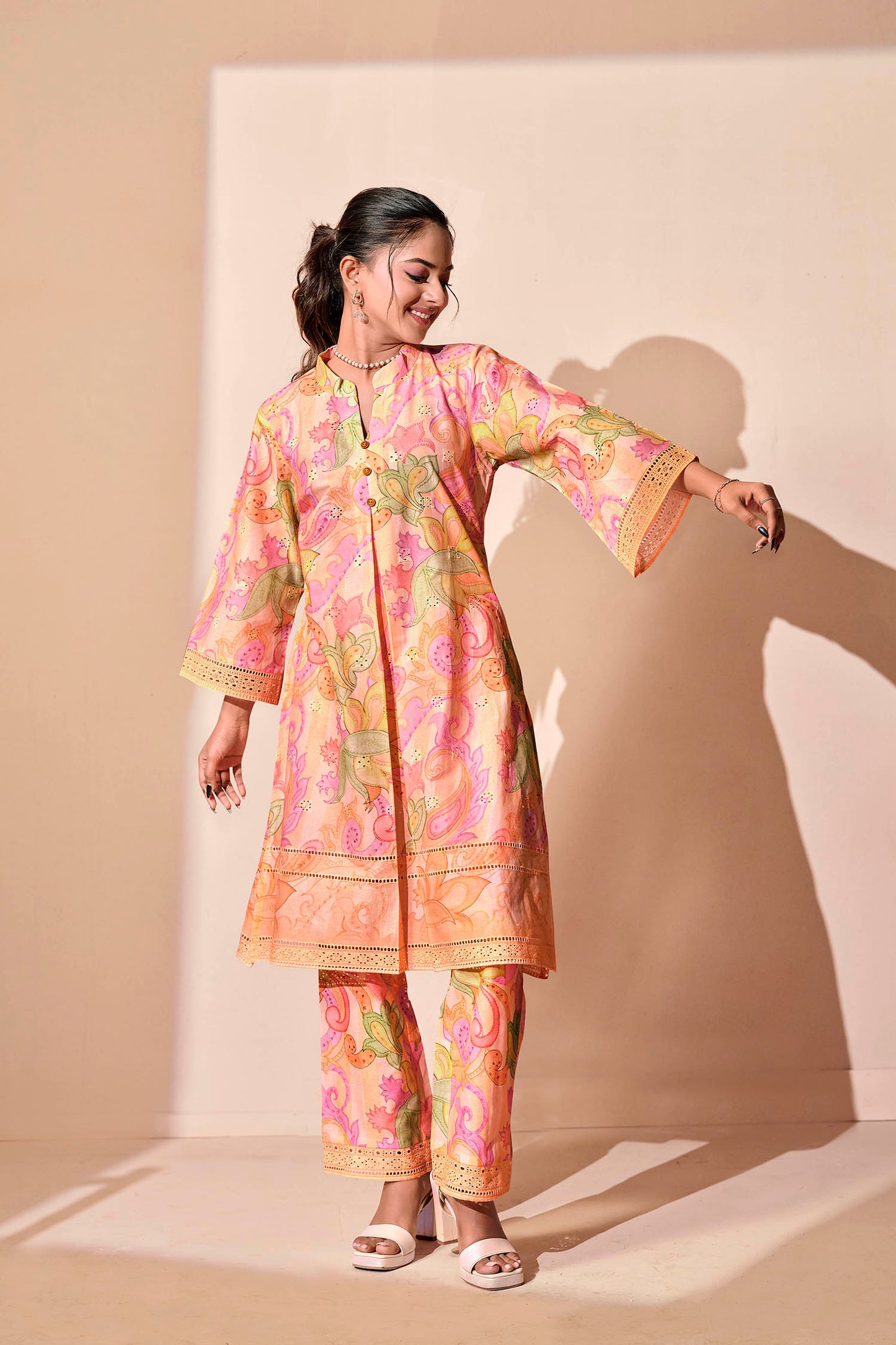 Peach Paisley Chikankari Embroidered Co-ord Set