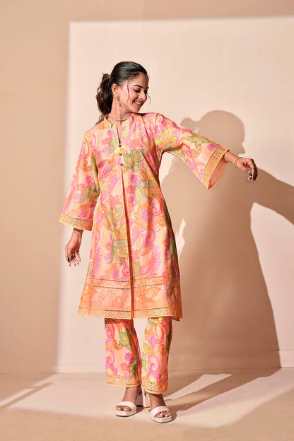 Peach Paisley Chikankari Embroidered Co-ord Set