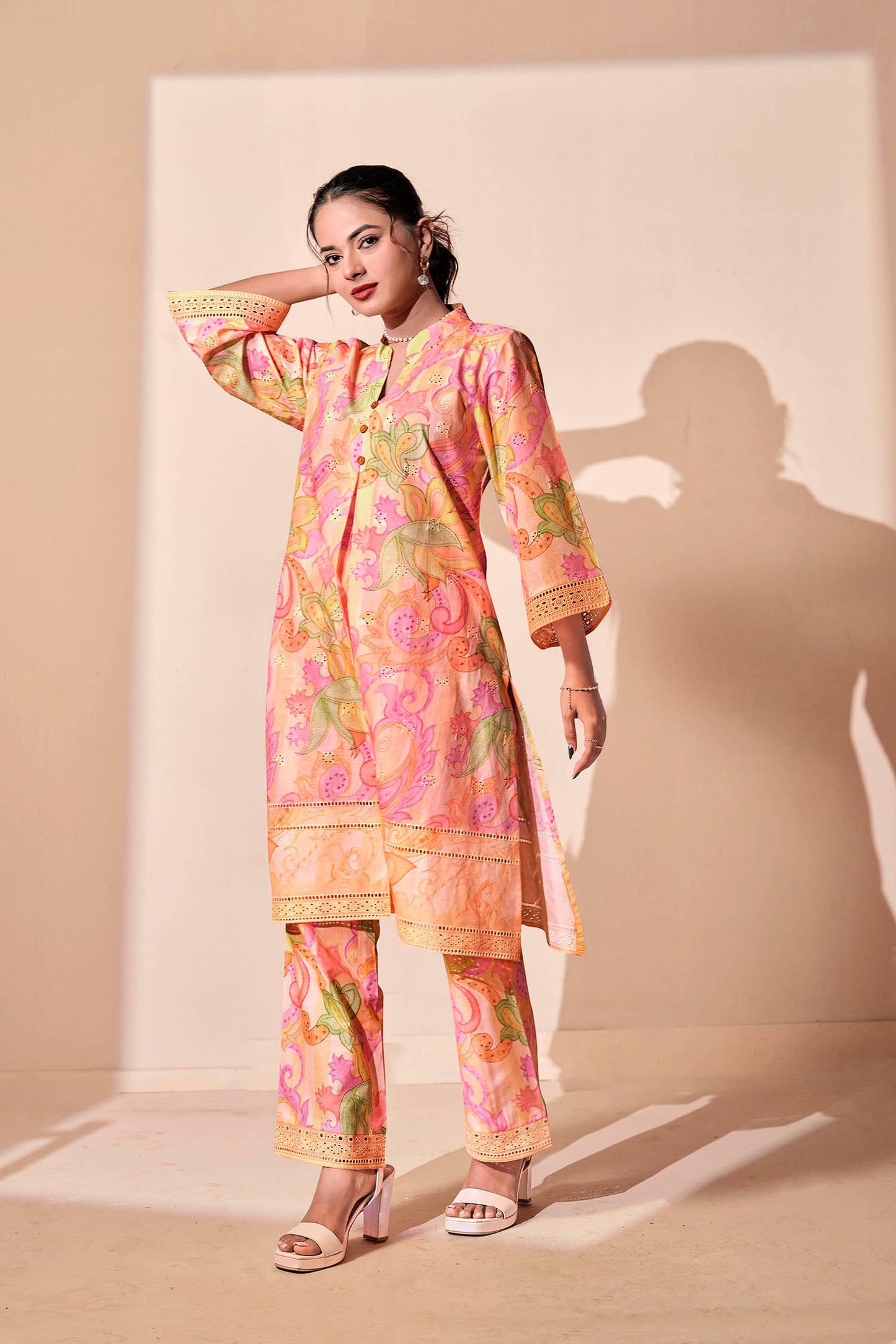 Peach Paisley Chikankari Embroidered Co-ord Set
