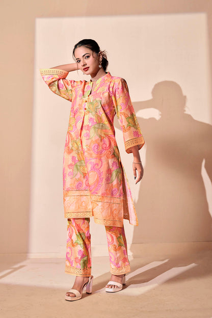 Peach Paisley Chikankari Embroidered Co-ord Set