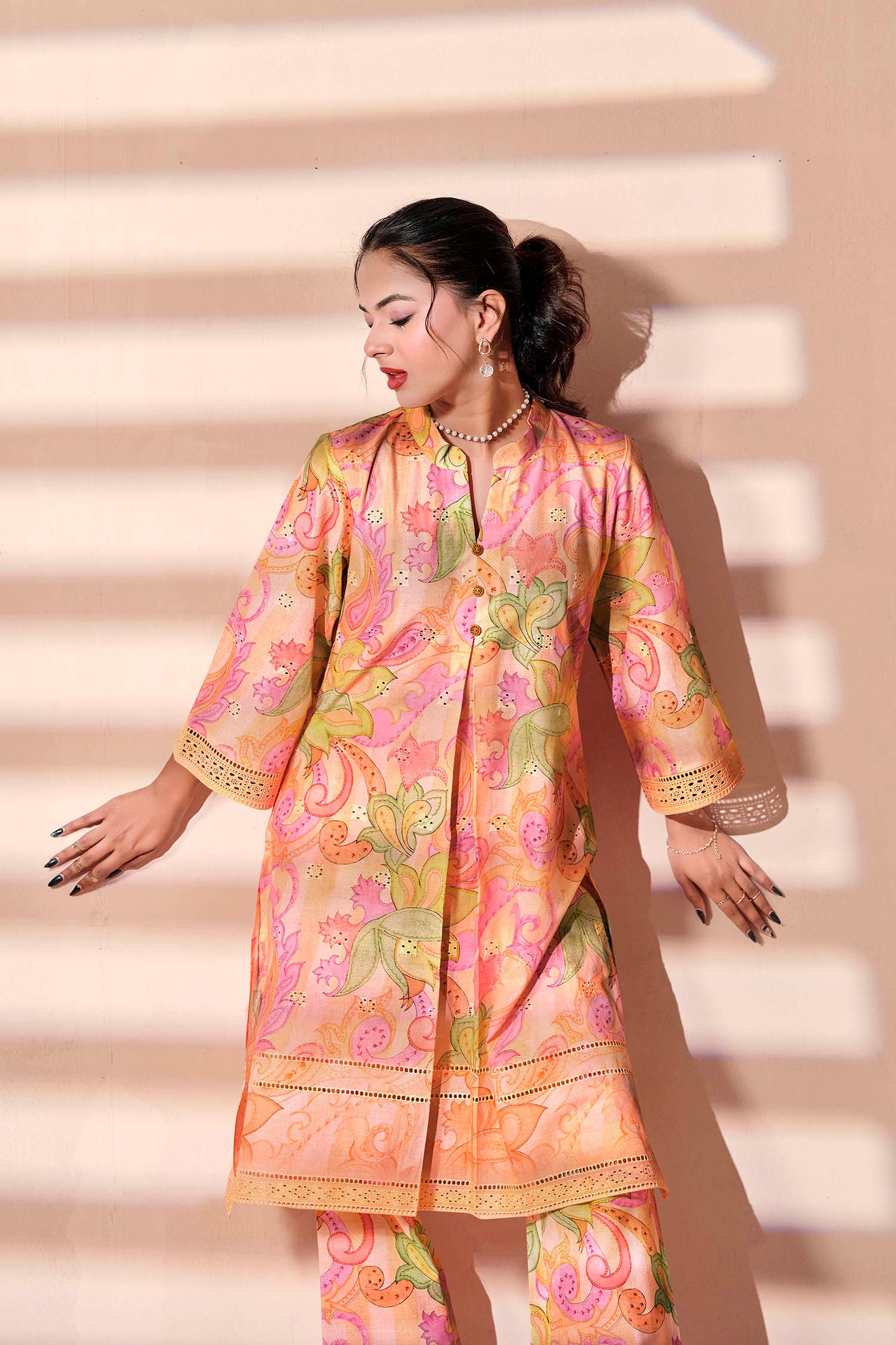 Peach Paisley Chikankari Embroidered Co-ord Set