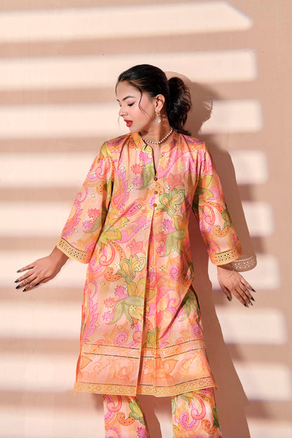 Peach Paisley Chikankari Embroidered Co-ord Set