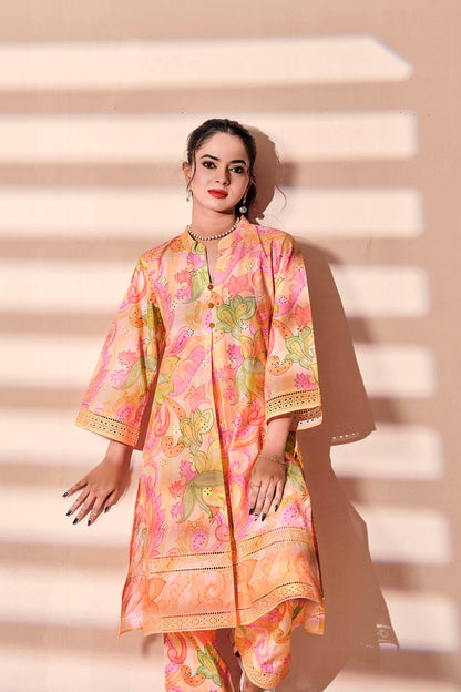 Peach Paisley Chikankari Embroidered Co-ord Set