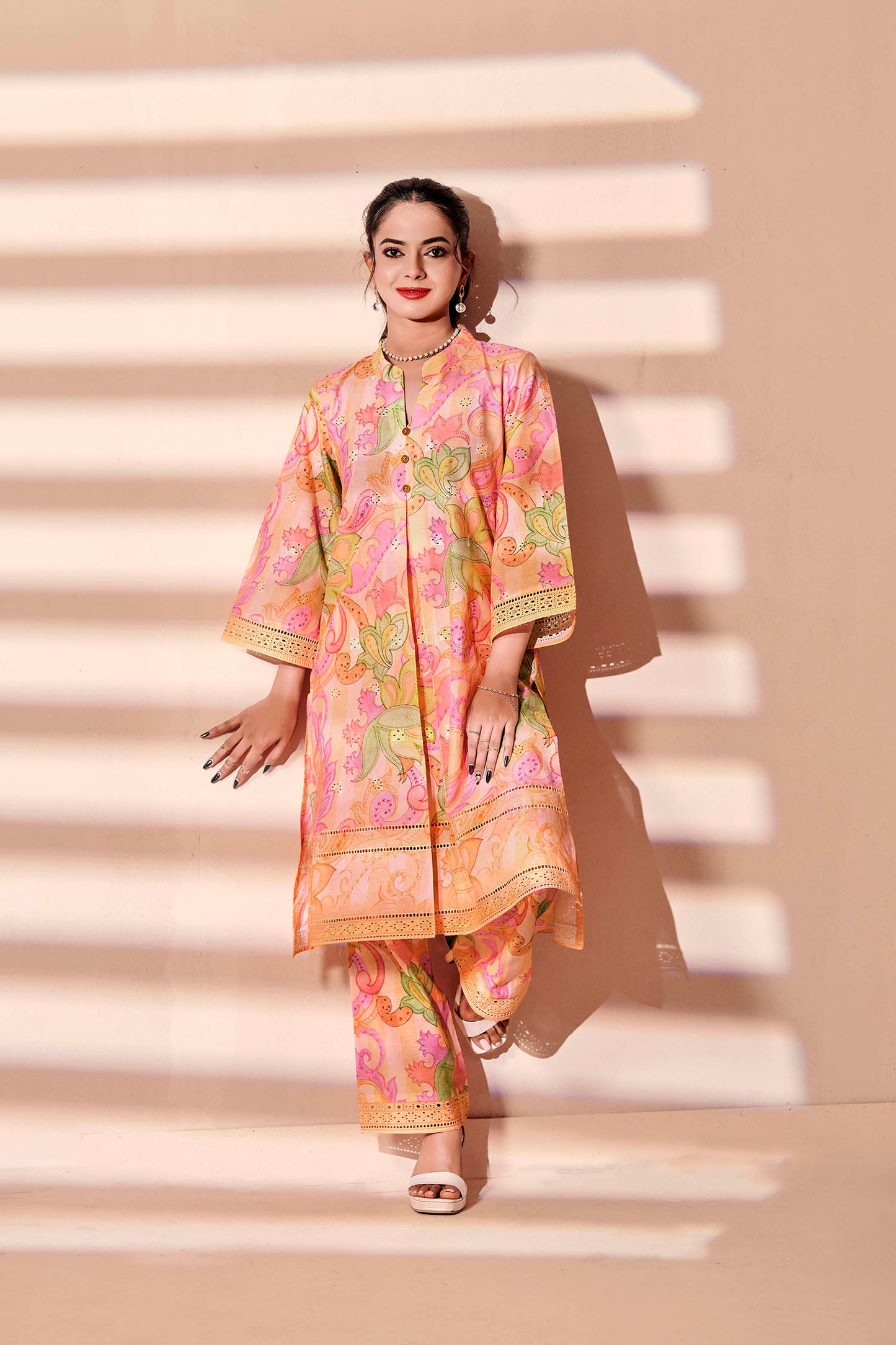 Peach Paisley Chikankari Embroidered Co-ord Set