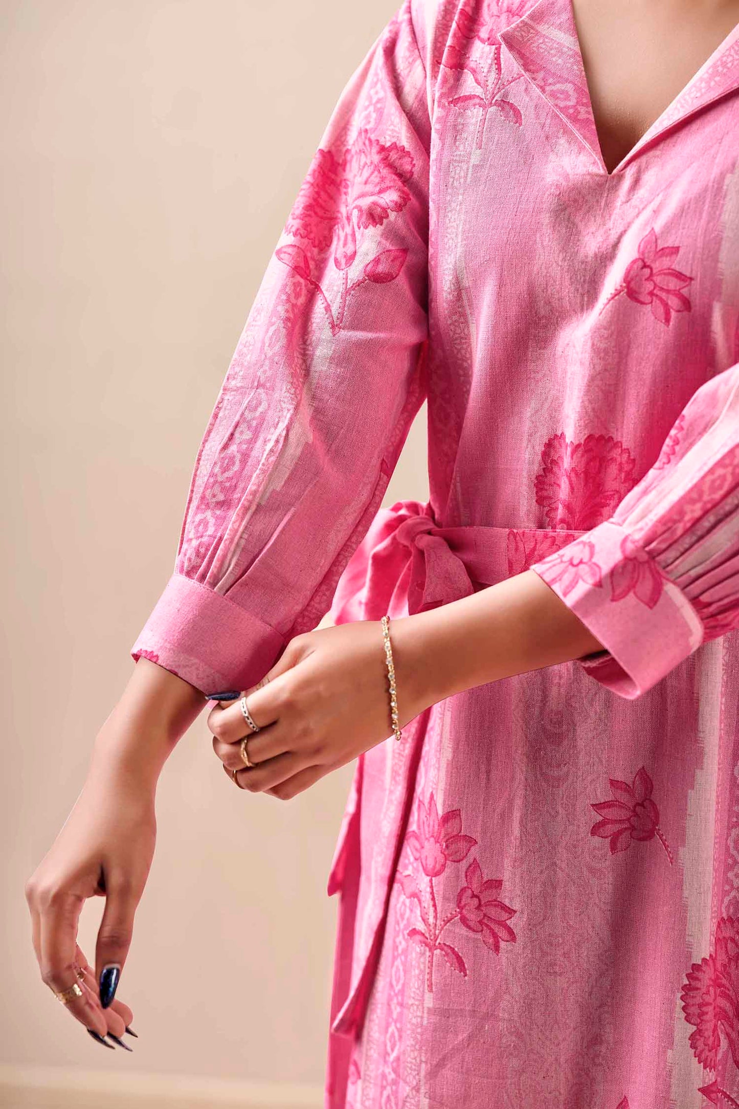 Blush Pink Petal & Stripe Notched Collar Midi Dress With Waist Tie
