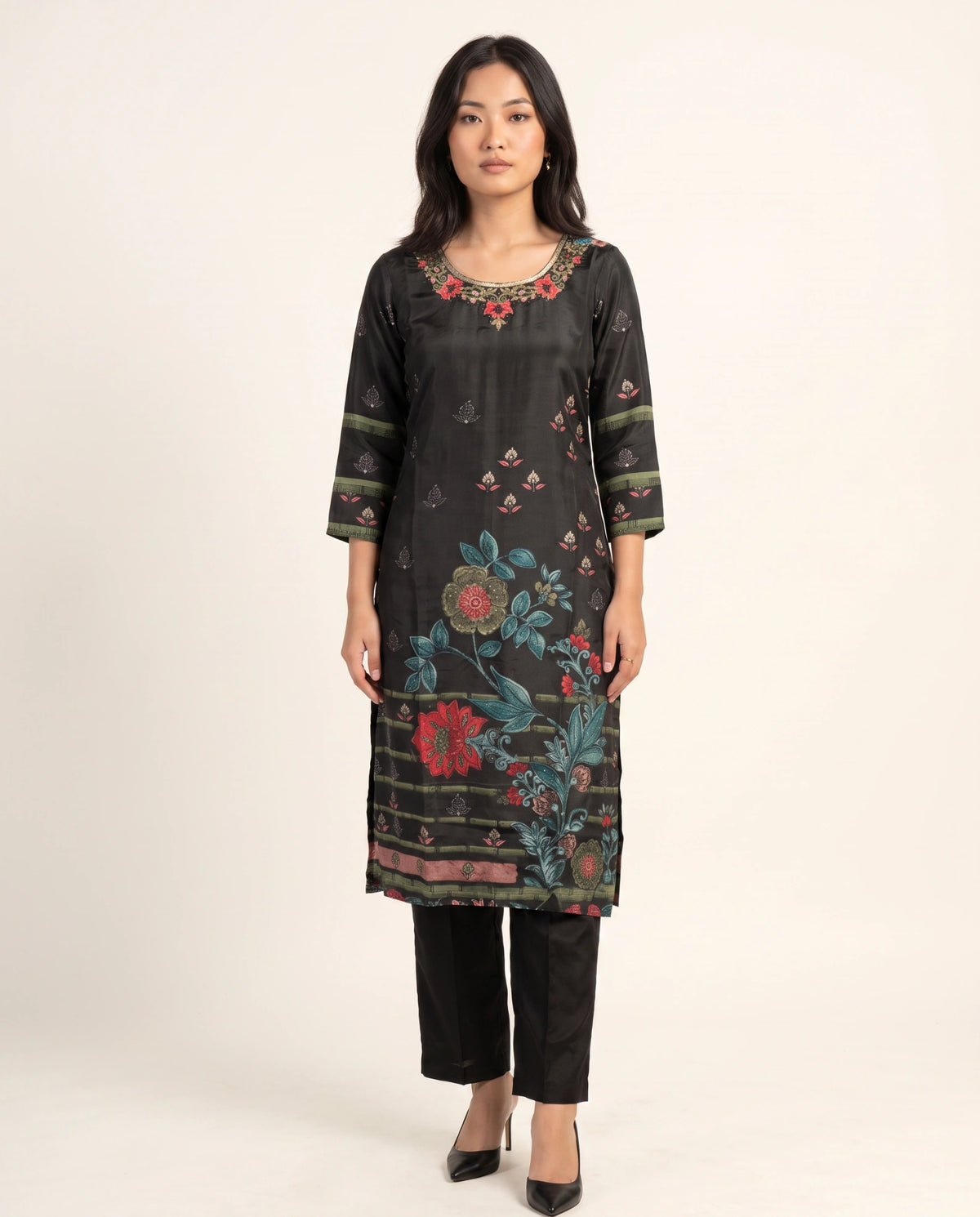 Floral Elegance Natural Crepe Kurta Set