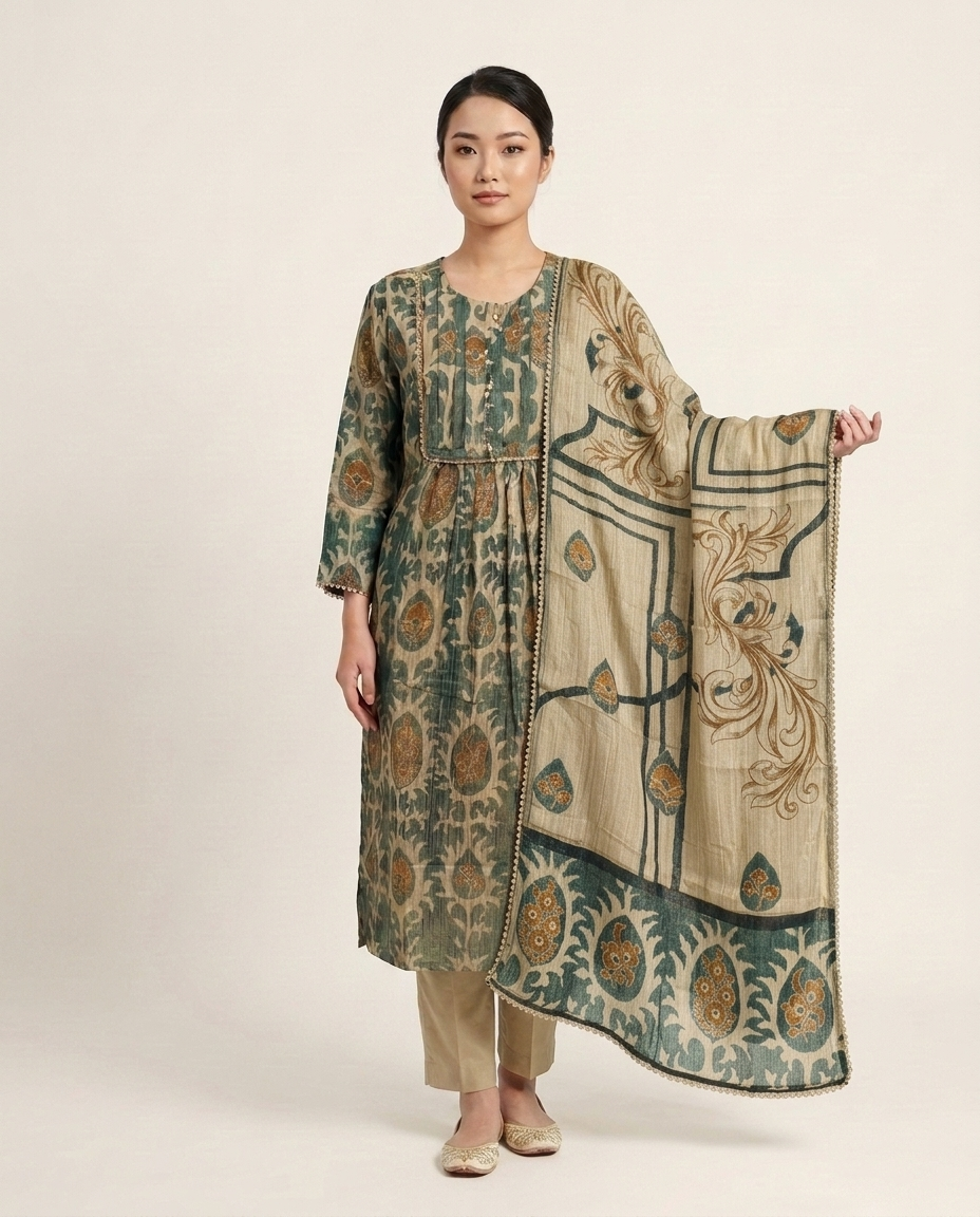 Dusty Green & Beige Crushed Tissue A-Line Trio Kurta Set