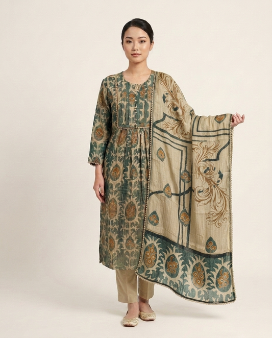 Dusty Green & Beige Crushed Tissue A-Line Trio Kurta Set