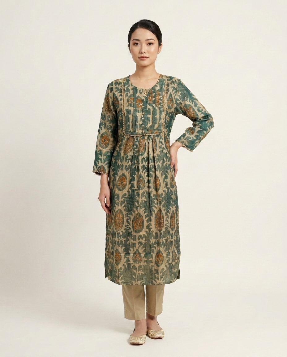Dusty Green & Beige Crushed Tissue A-Line Trio Kurta Set