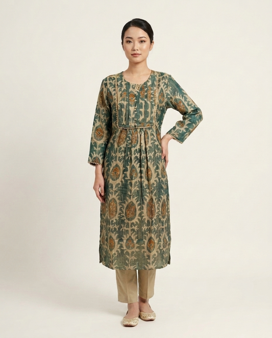 Dusty Green & Beige Crushed Tissue A-Line Trio Kurta Set