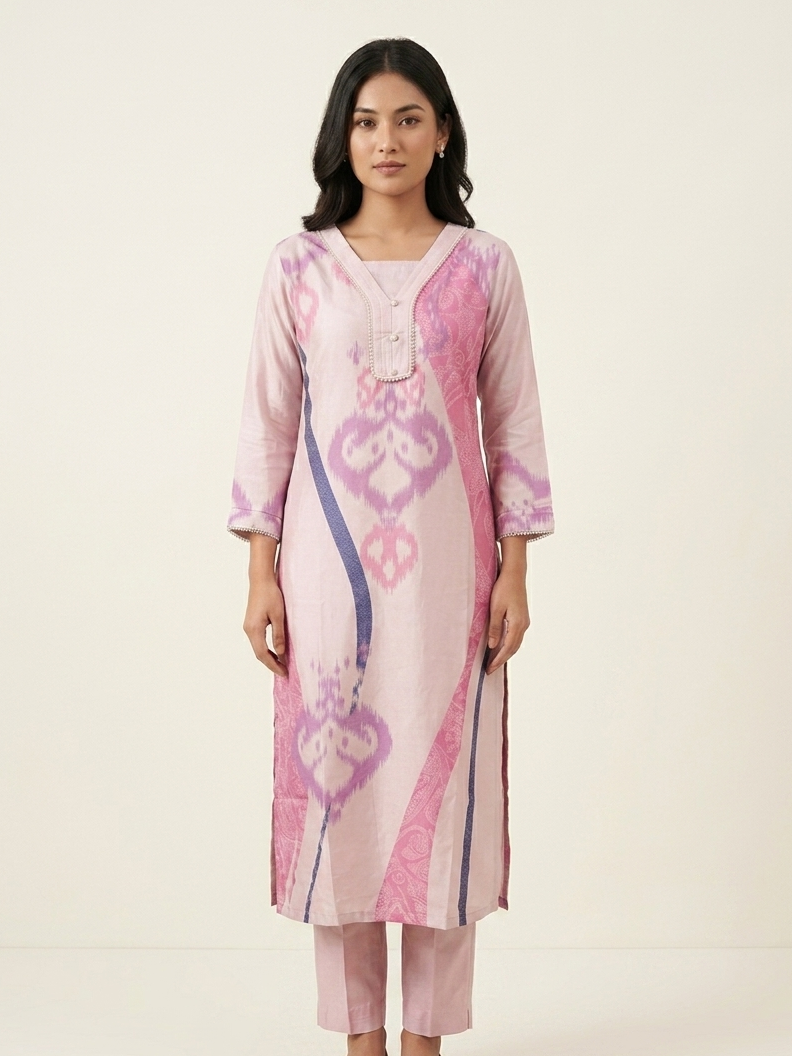 Mauve Pink Muslin Kurta Set with Pearl Border Details