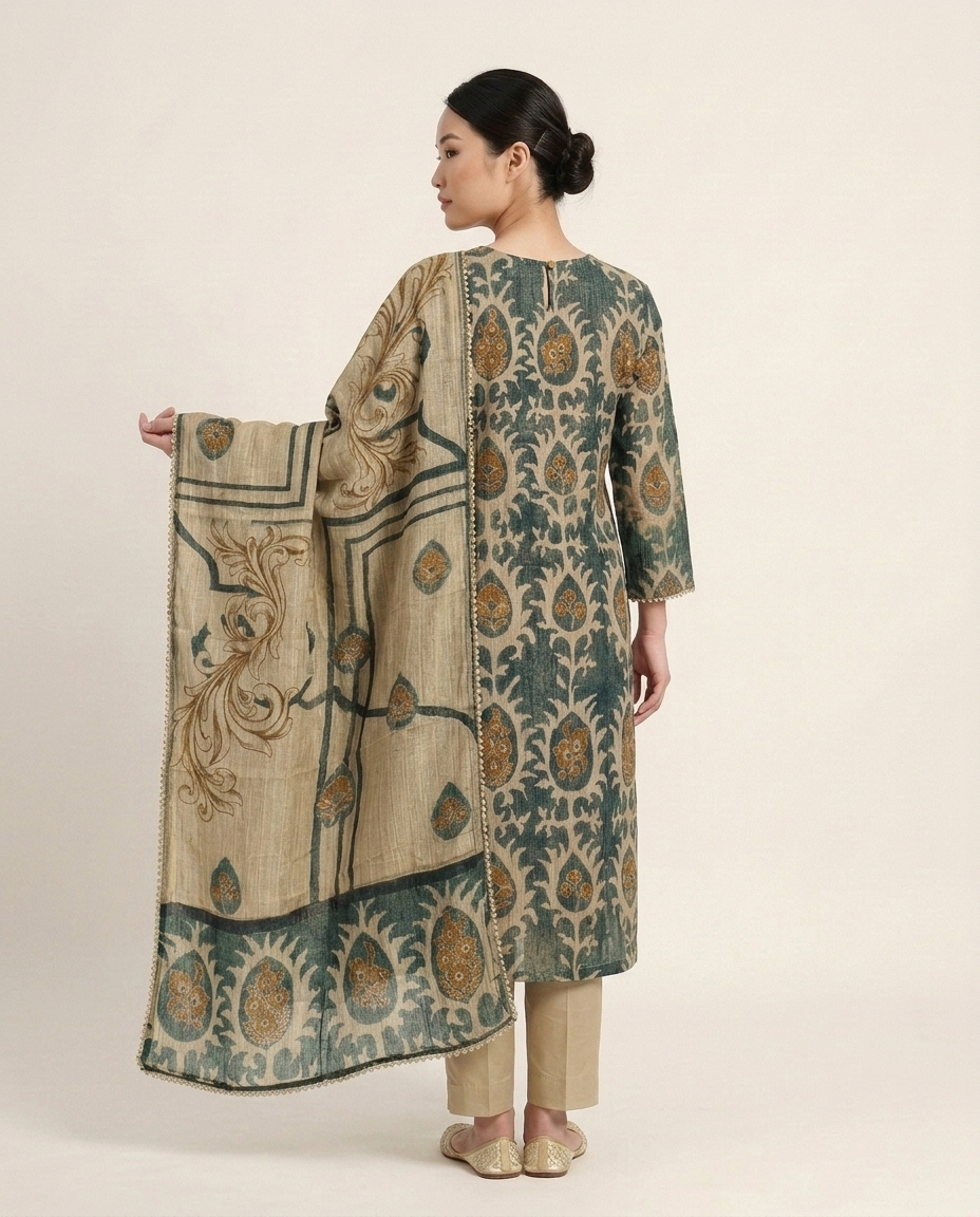 Dusty Green & Beige Crushed Tissue A-Line Trio Kurta Set