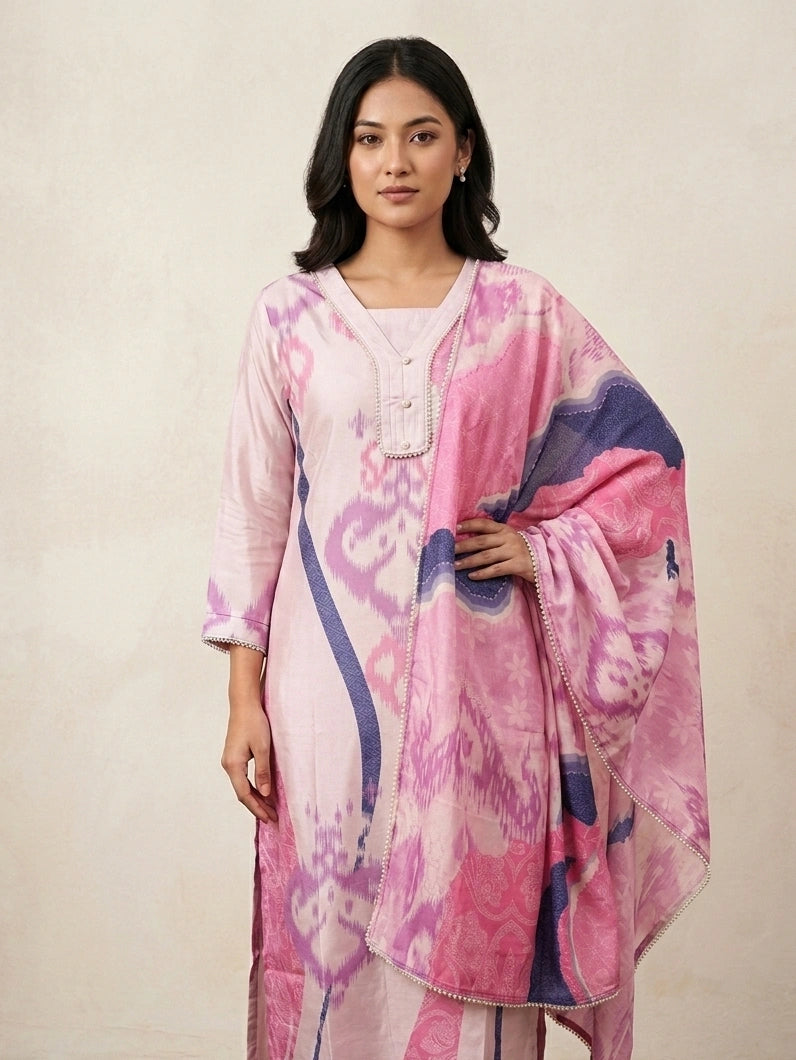 Mauve Pink Muslin Kurta Set with Pearl Border Details