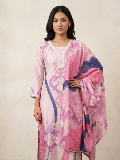 Mauve Pink Muslin Kurta Set with Pearl Border Details
