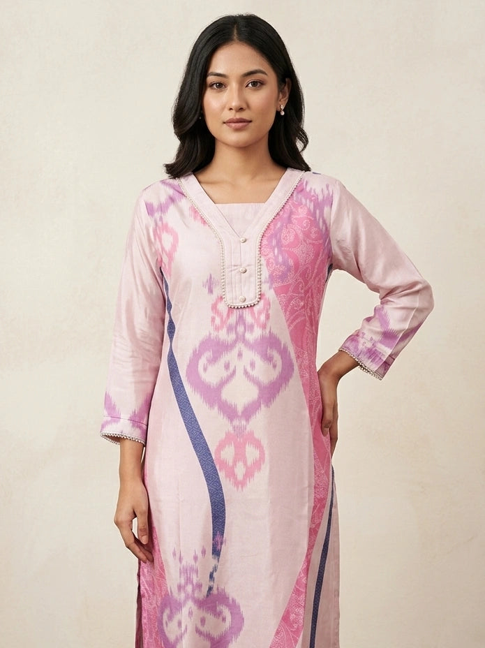 Mauve Pink Muslin Kurta Set with Pearl Border Details