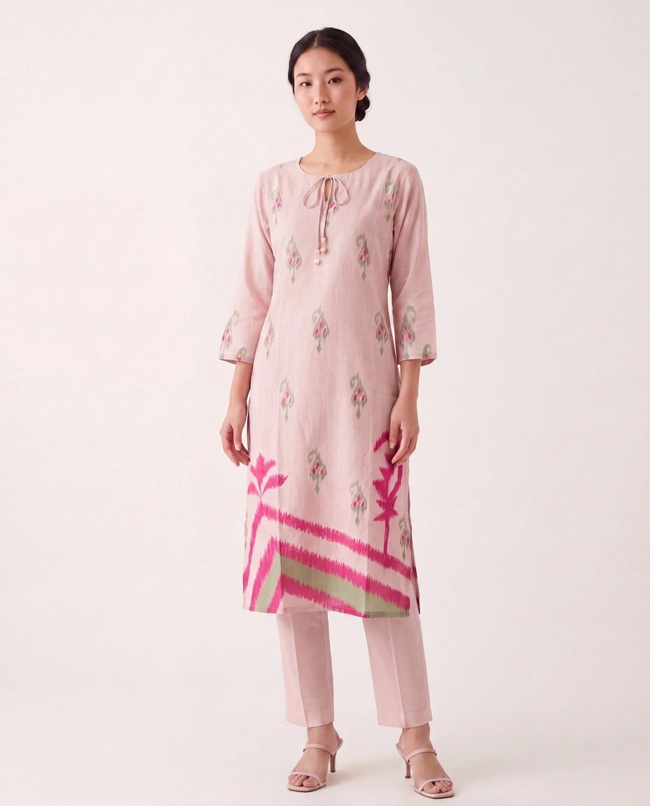 The Petal Pink Muslin Ikat Kurta Set