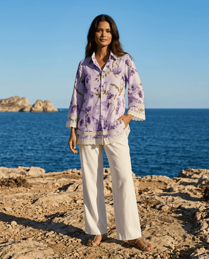 Purple Floral Printed Cupro Silk Shirt