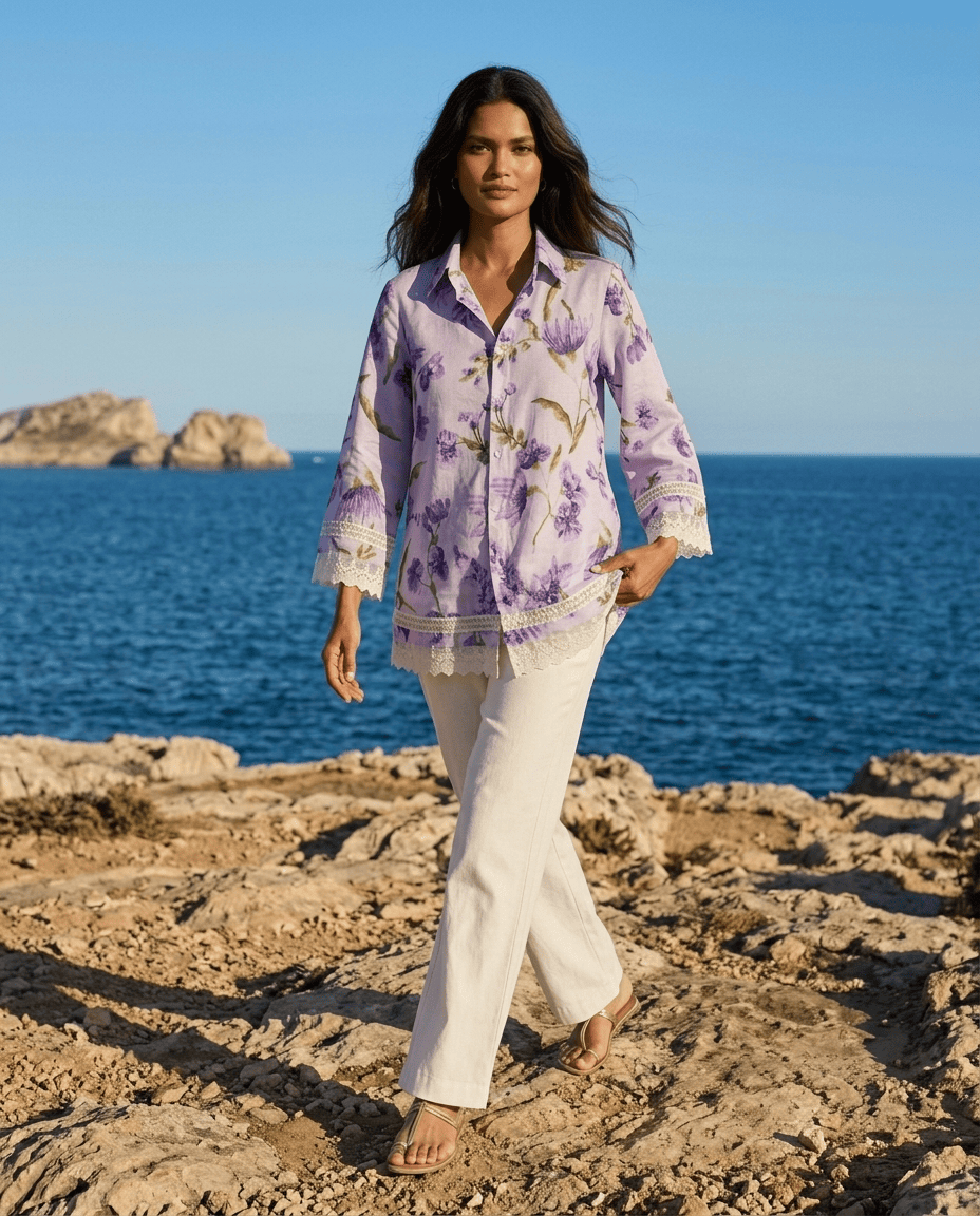 Purple Floral Printed Cupro Silk Shirt