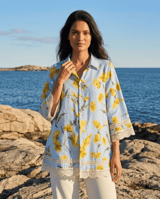 Sky Blue Floral Printed Cupro Silk Shirt
