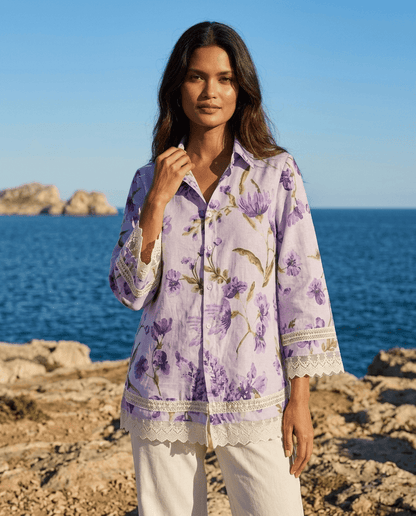 Purple Floral Printed Cupro Silk Shirt