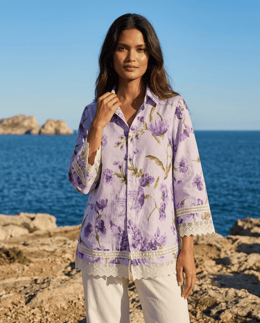 Purple Floral Printed Cupro Silk Shirt