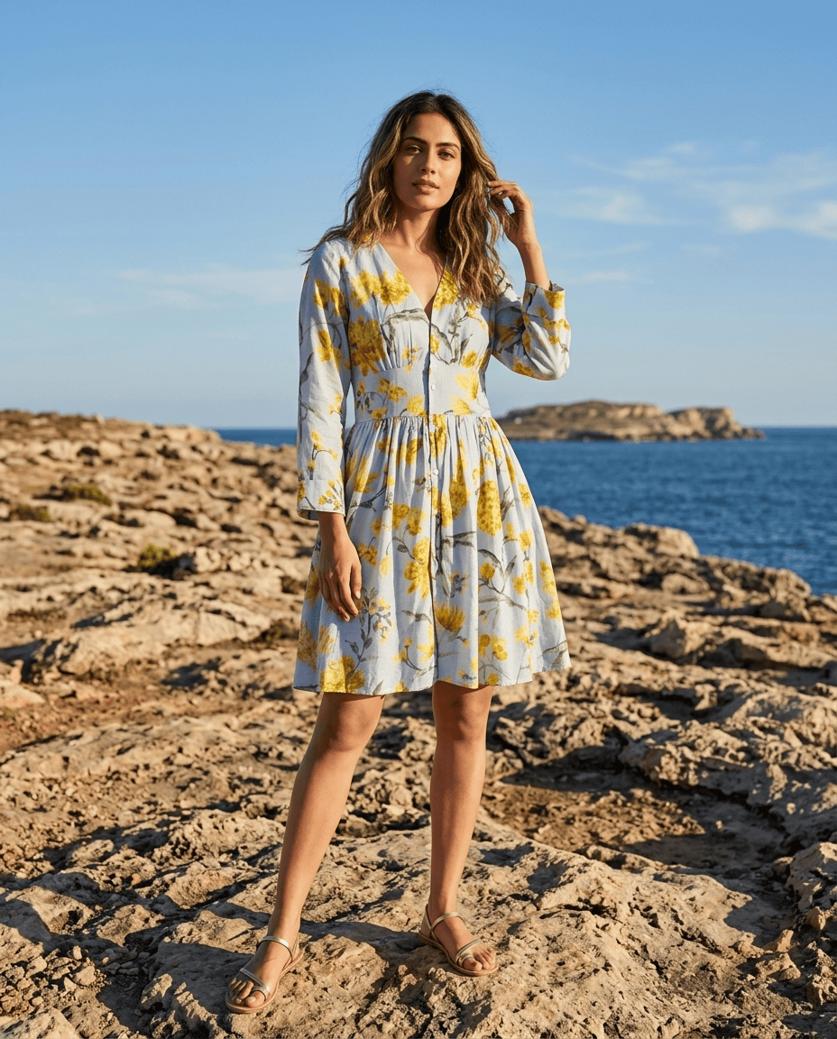 Sky Blue Floral Printed Cupro Silk One Piece Dress