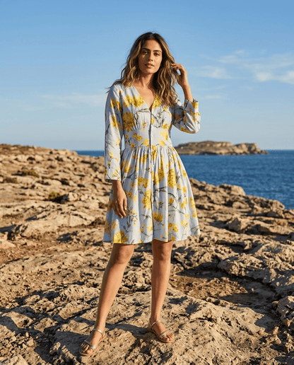 Sky Blue Floral Printed Cupro Silk One Piece Dress