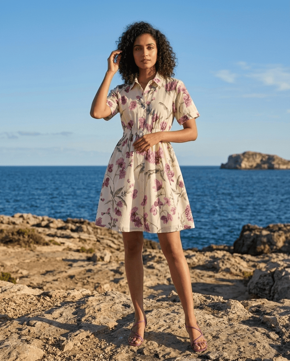 White Floral Printed Cupro Silk One Piece Dress