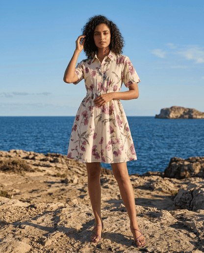 White Floral Printed Cupro Silk One Piece Dress