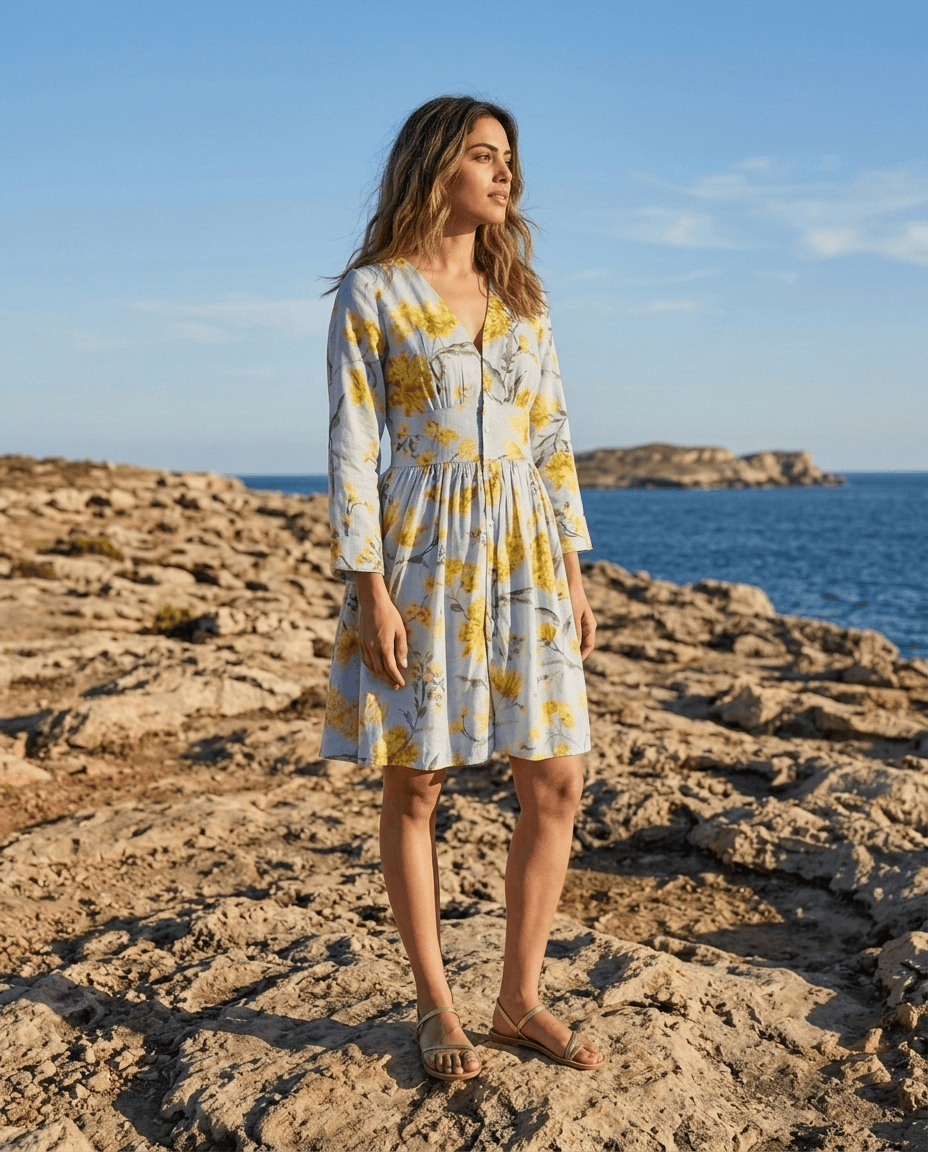 Sky Blue Floral Printed Cupro Silk One Piece Dress