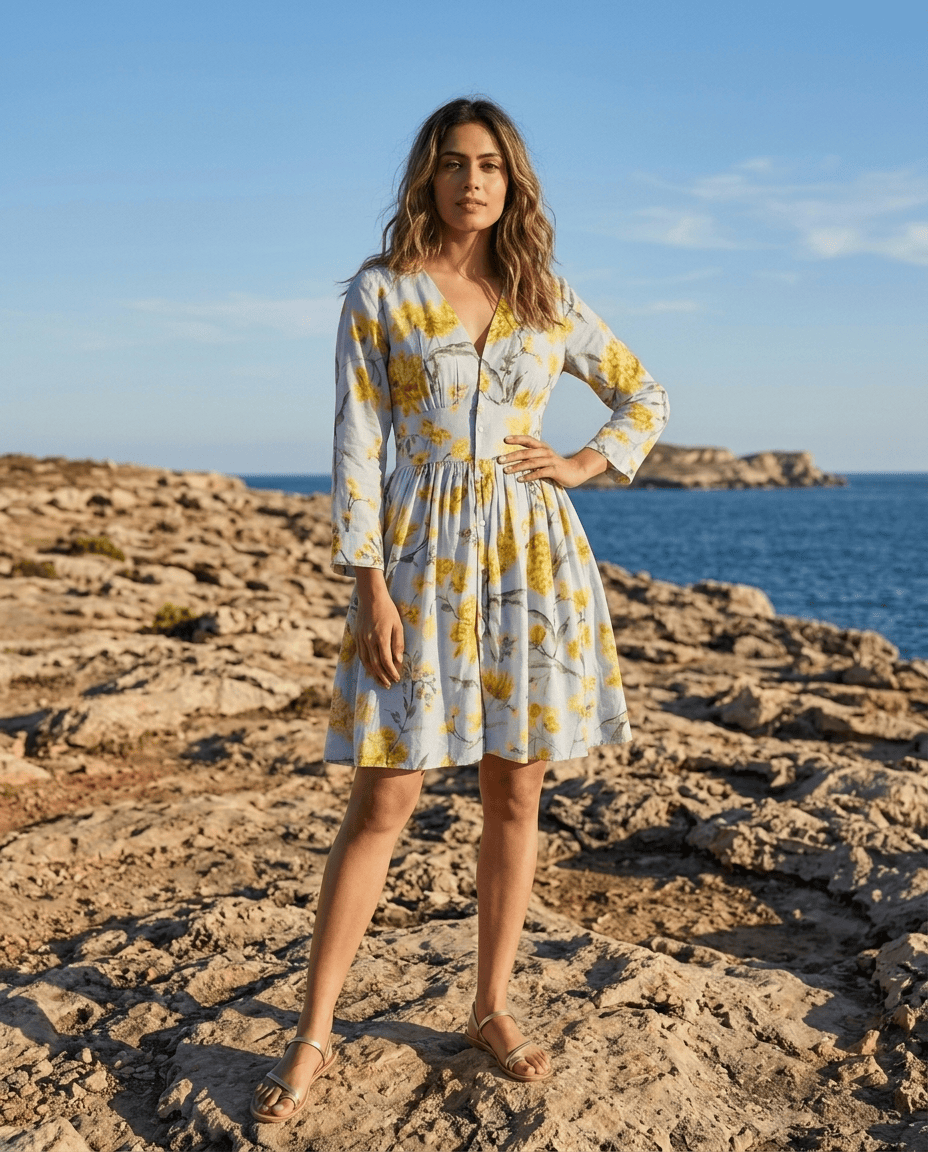 Sky Blue Floral Printed Cupro Silk One Piece Dress