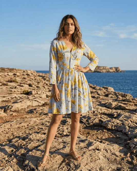 Sky Blue Floral Printed Cupro Silk One Piece Dress