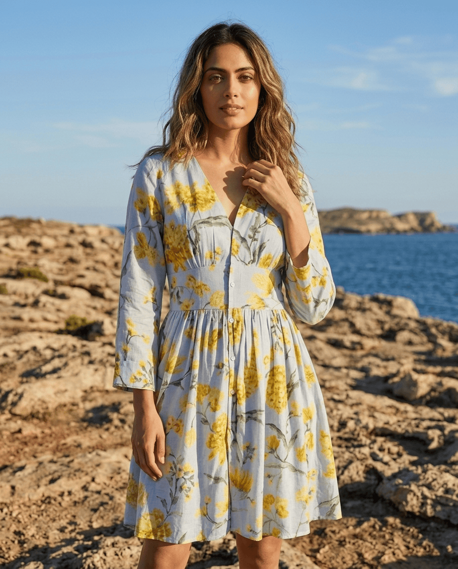 Sky Blue Floral Printed Cupro Silk One Piece Dress