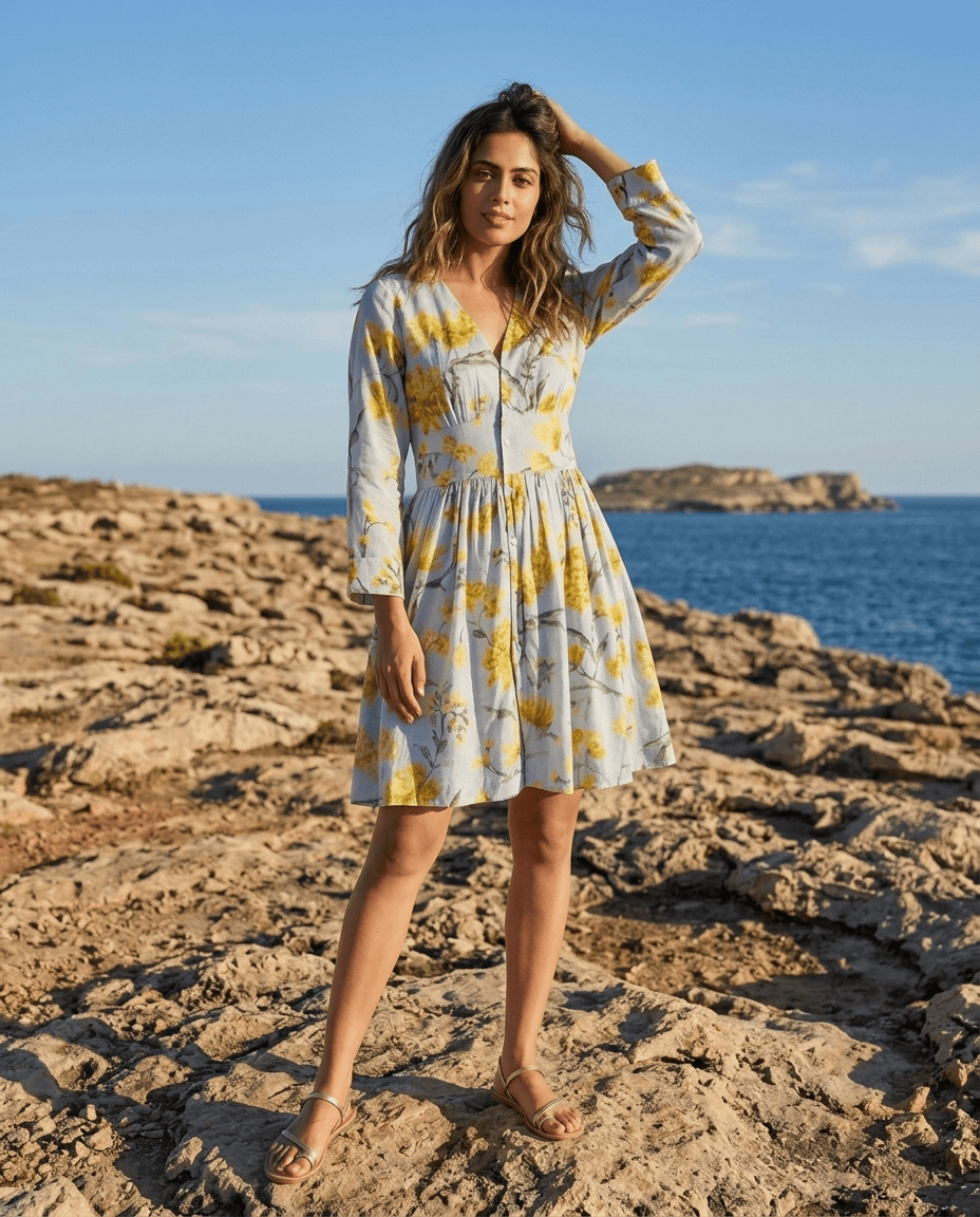 Sky Blue Floral Printed Cupro Silk One Piece Dress
