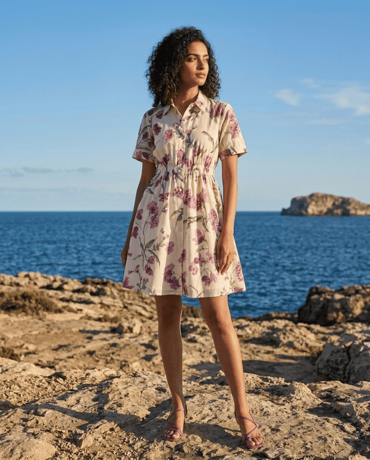 White Floral Printed Cupro Silk One Piece Dress
