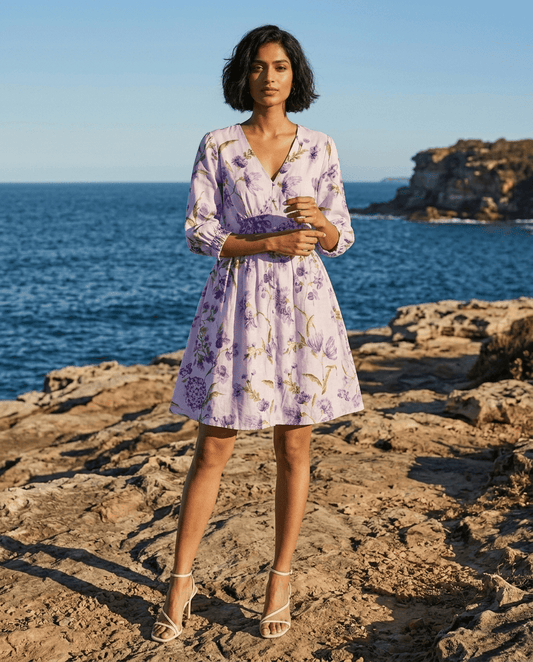 Purple Floral Printed Cupro Silk One Piece Dress