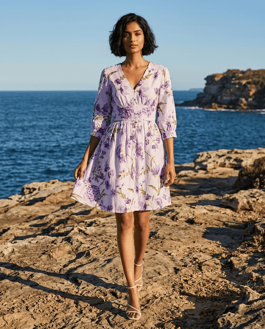 Purple Floral Printed Cupro Silk One Piece Dress