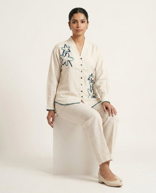Off White Blue & Green Flower Handloom Cotton Co-ord Set